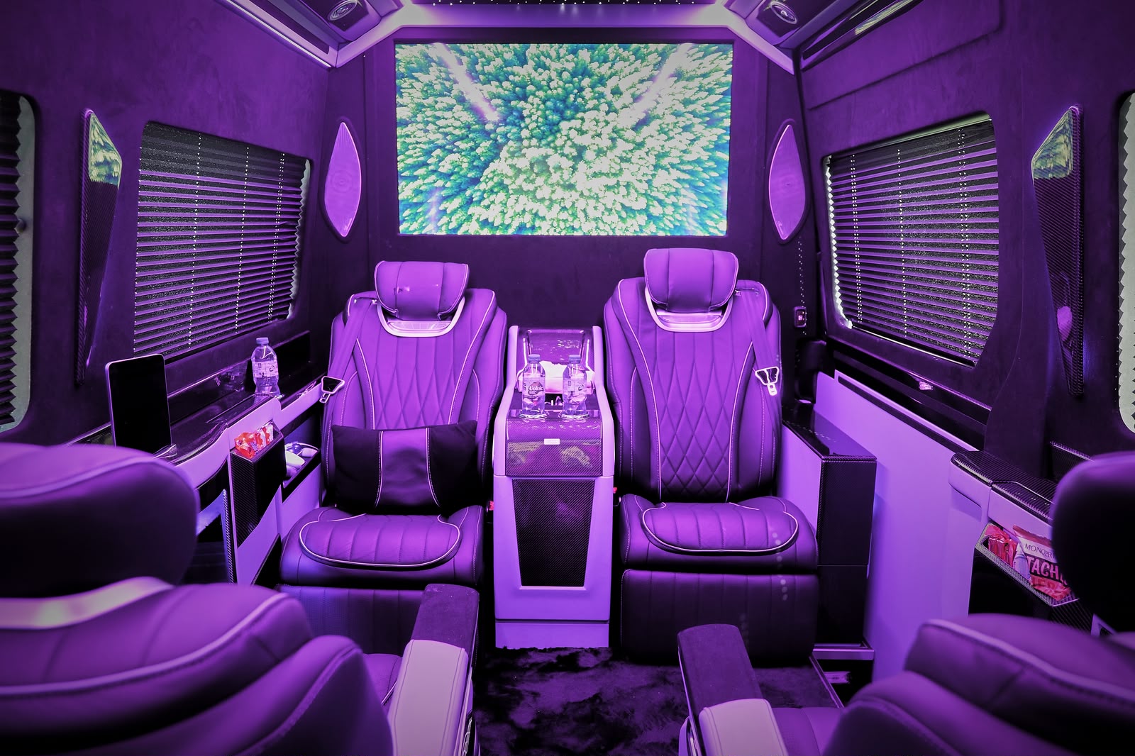 Intérieur du Sprinter VIP avec sièges inclinables et télévision