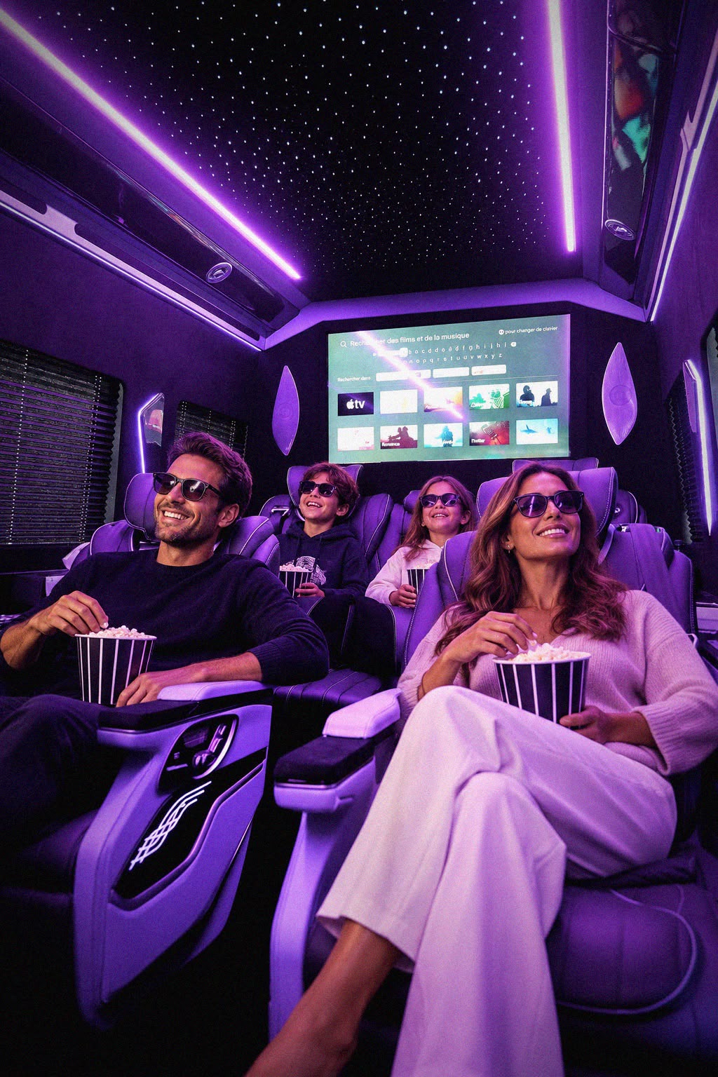 Groupe regardant un film à bord du minibus de luxe